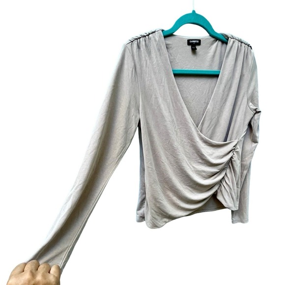 Express Size S Slinky Tan Neutral Crossover Top Ruched Surplice Modal Stretchy - Picture 3 of 12